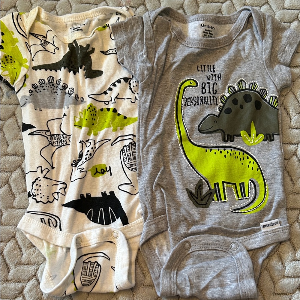 Gerber Dinosaur Baby Onesies in Gray and White